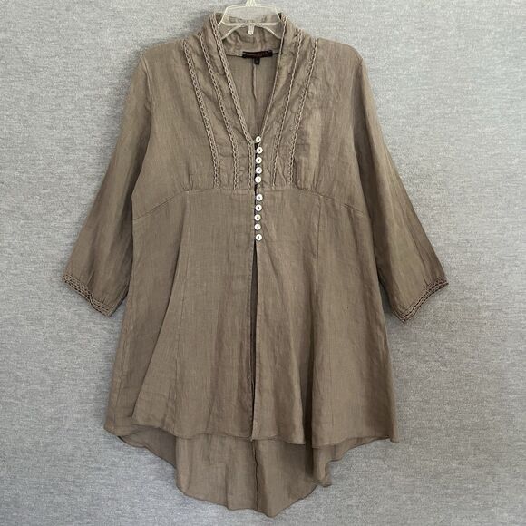 Romeo Giulia Lagenlook Linen Tunic Size M Taupe Embroidered Cottage Boho Artsy - Picture 5 of 15